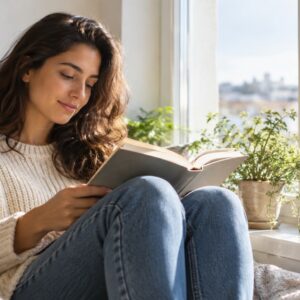 Жена чете книга край слънчев прозорец